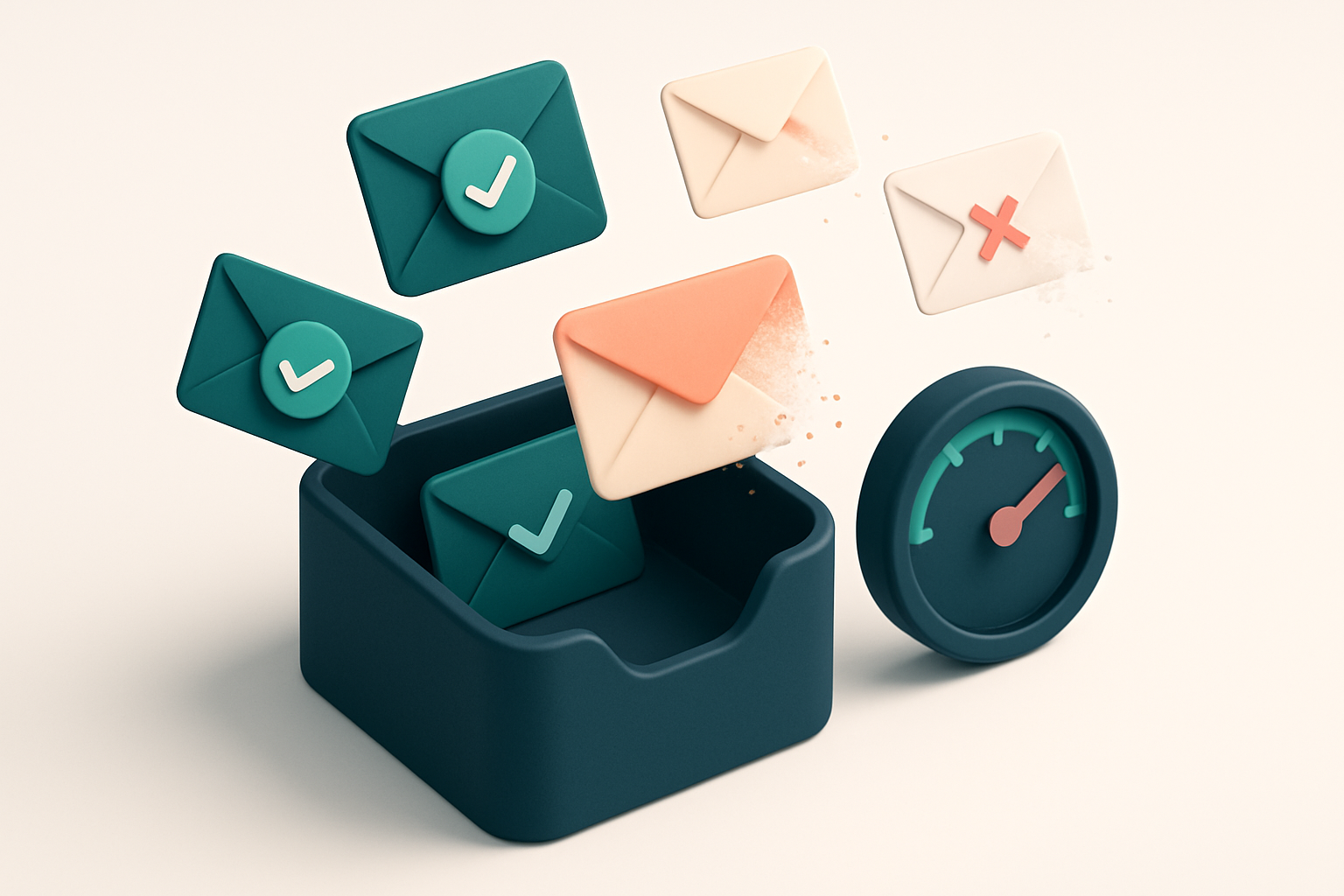 An isometric email inbox with envelopes floating in mid-air, some turning green with checkmarks, others turning red and