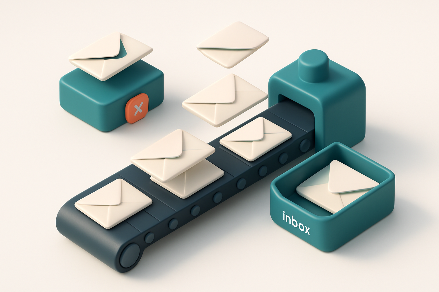 An isometric email inbox with a conveyor belt delivering envelopes labeled 'valid', 'invalid', 'catch-all', and 'risky'.