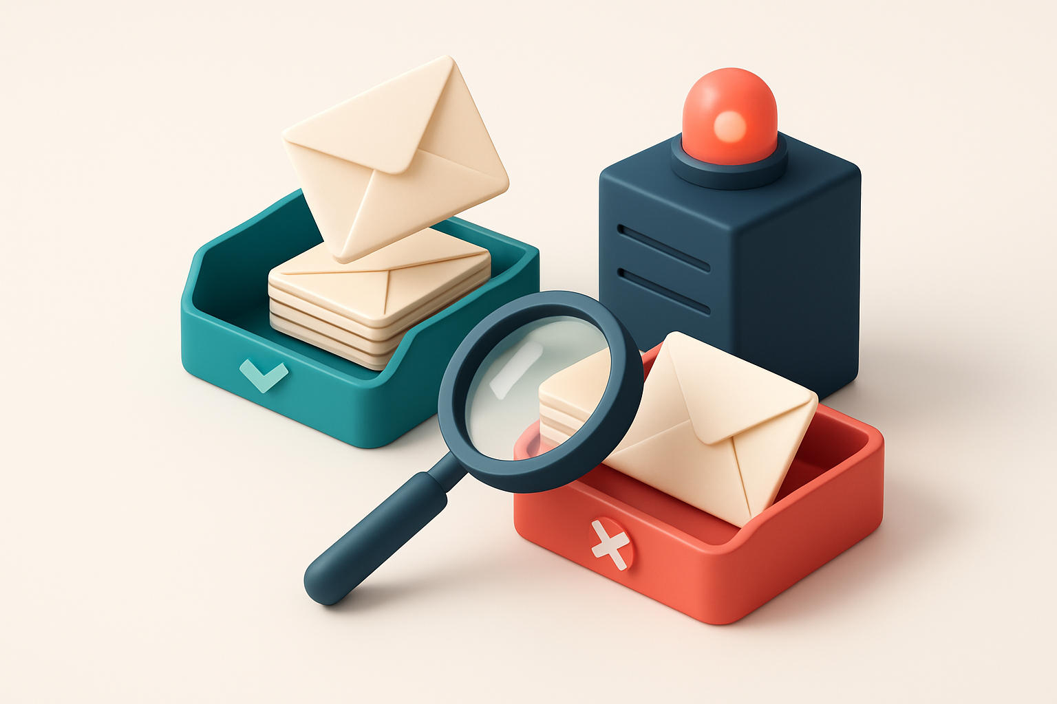 an isometric email inbox with envelopes being sorted onto a green 'valid' tray and a red 'invalid' tray, a magnifying gl