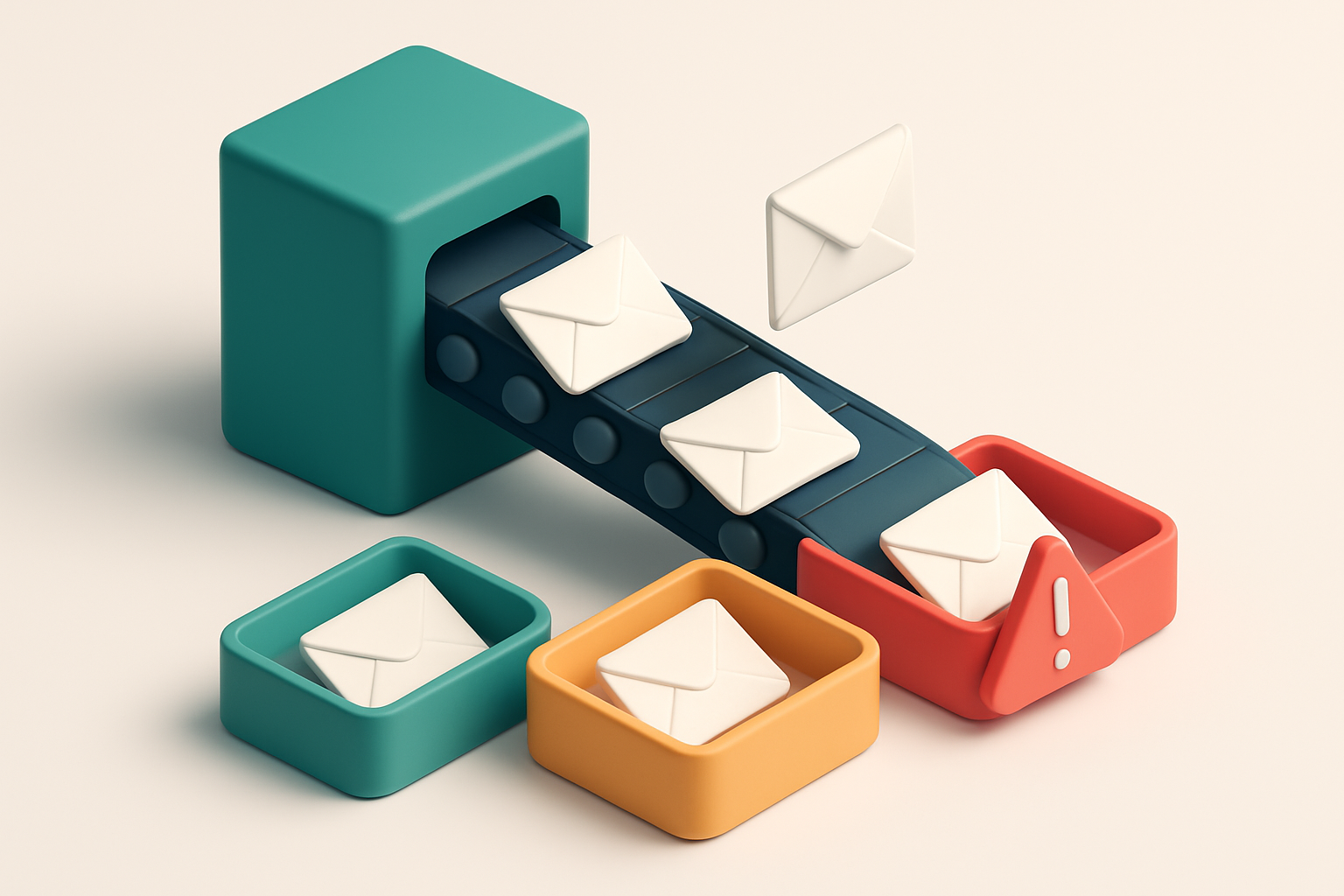 An isometric email inbox with envelopes sliding down a conveyor belt from a sender server, splitting into three trays: g