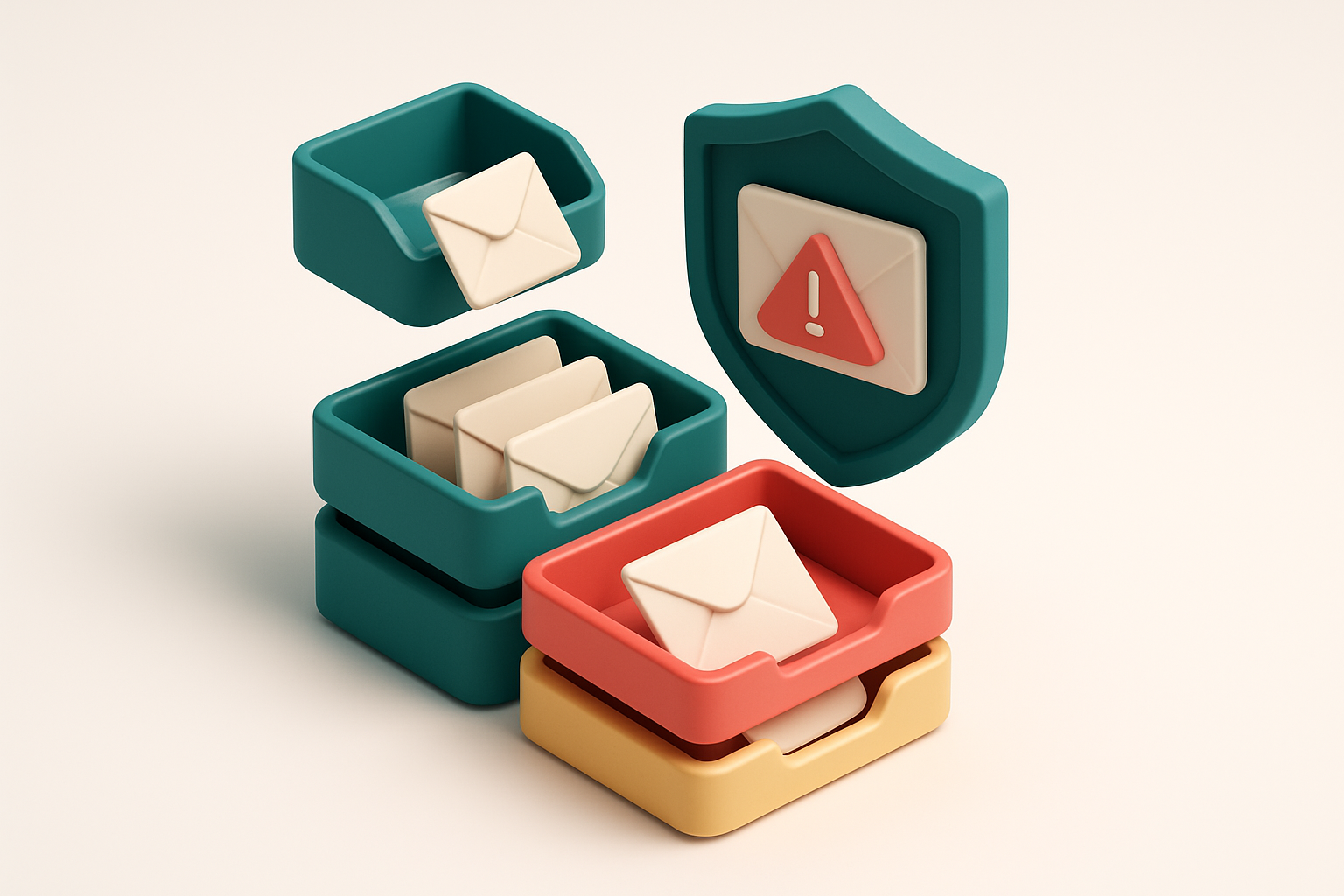 An isometric inbox with multiple envelopes being sorted into three trays: green 'delivered', red 'rejected', and yellow