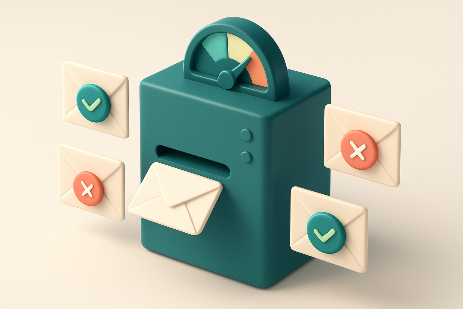 Hero: an isometric email server with green checkmarks on passing envelopes, red Xs on rejected ones, and a gauge showing