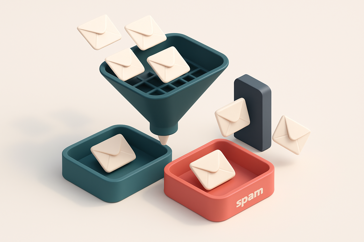 An isometric illustration of a 3D email funnel: incoming envelopes labeled 'outreach' enter a filter grid, with some rou
