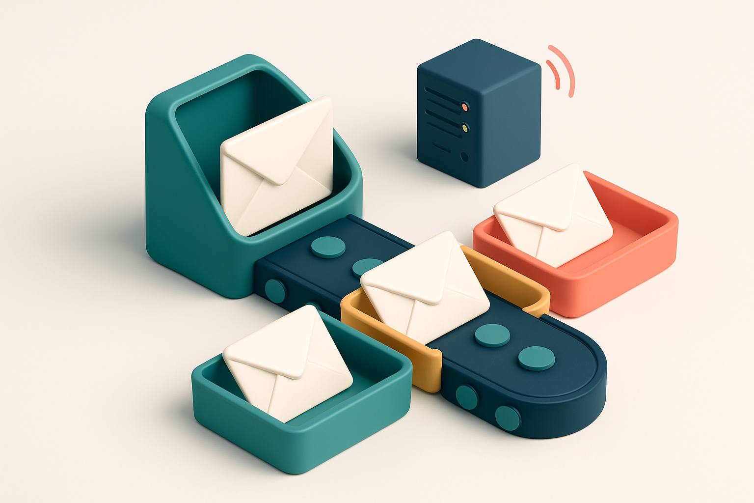 An isometric email inbox with a conveyor belt delivering envelopes labeled 'valid', 'risky', and 'invalid' into green, y