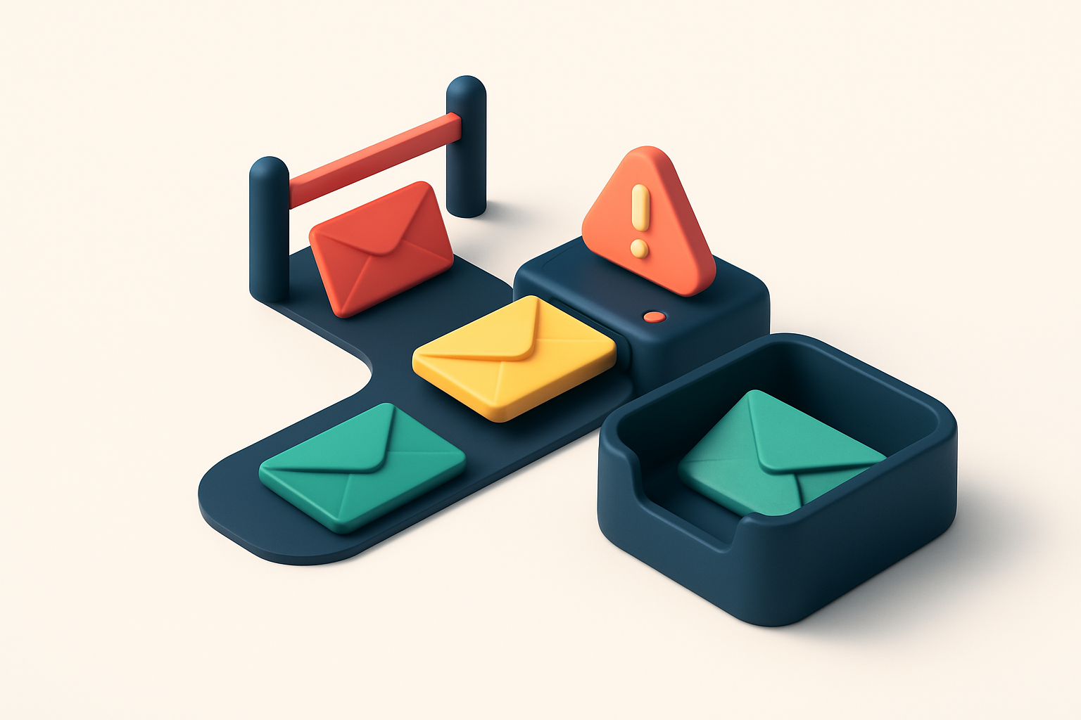 An isometric inbox with envelopes being sorted: green 'valid' envelopes go into the inbox tray, red 'invalid' envelopes