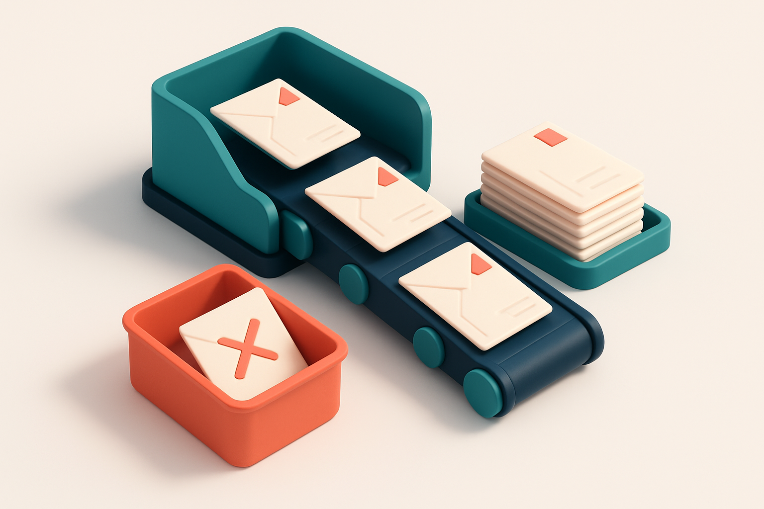 an isometric inbox with a conveyor belt delivering envelopes, some labeled with duplicate addresses; envelopes marked 'i