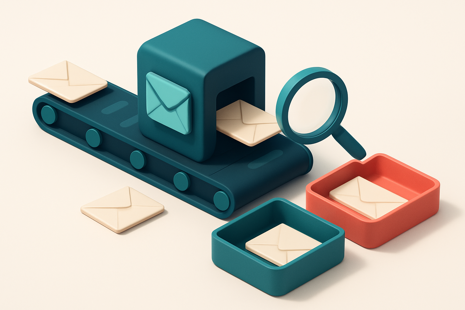 An isometric email inbox with a conveyor belt delivering envelope-shaped data packets; healthy emails go to a green 'val