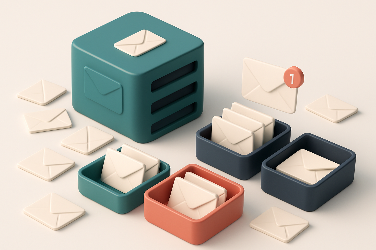 An isometric email inbox server cluster with 20 physical envelope-shaped messages being sorted into three labeled trays: