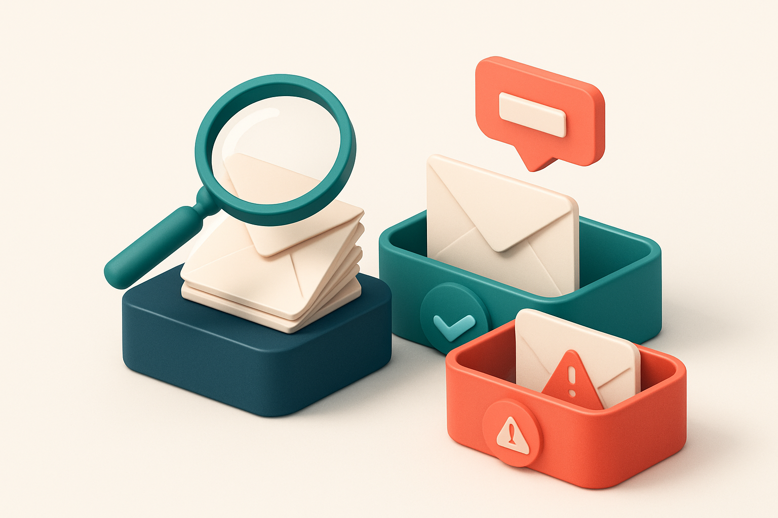 An isometric email inbox with envelopes being sorted onto a green 'valid' tray and a red 'invalid' tray, a magnifying gl