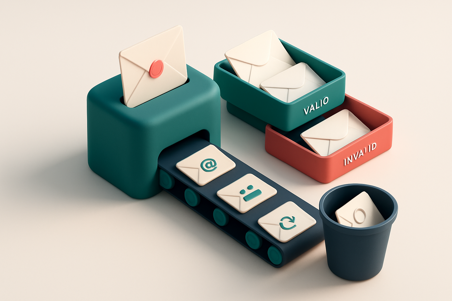 An isometric view of a 3D email inbox with envelopes being sorted onto a green 'valid' tray and a red 'invalid' tray, wh
