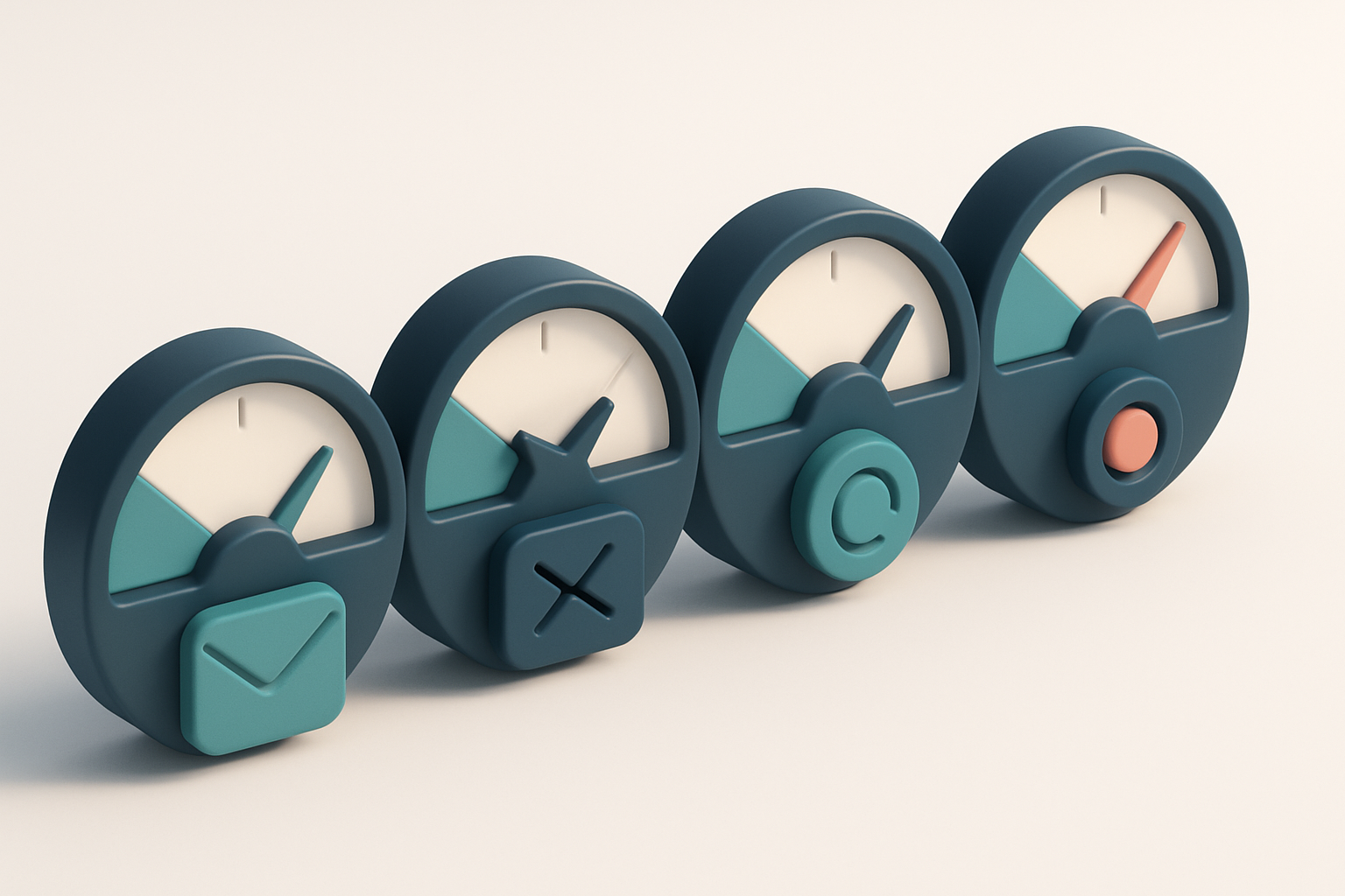 a row of four gauges, each showing a different deliverability status: inbox, spam, bounce, and undelivered
