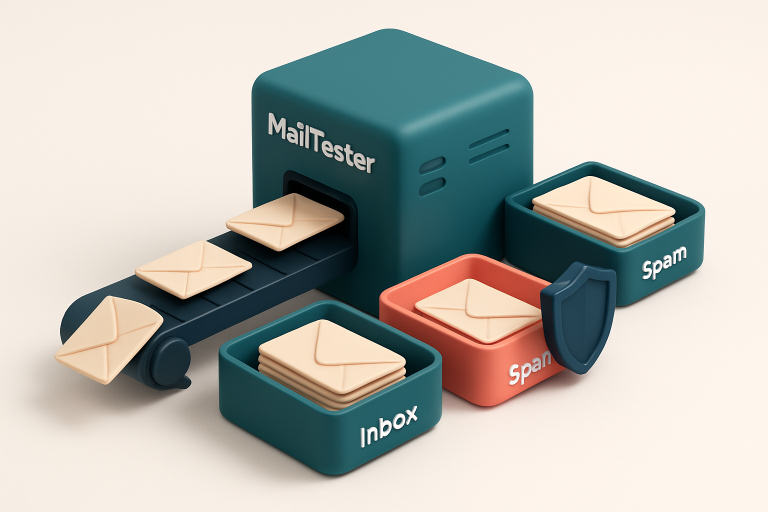 An isometric email server labeled 'MailTester' with a conveyor belt feeding envelopes into three labeled trays: green 'i