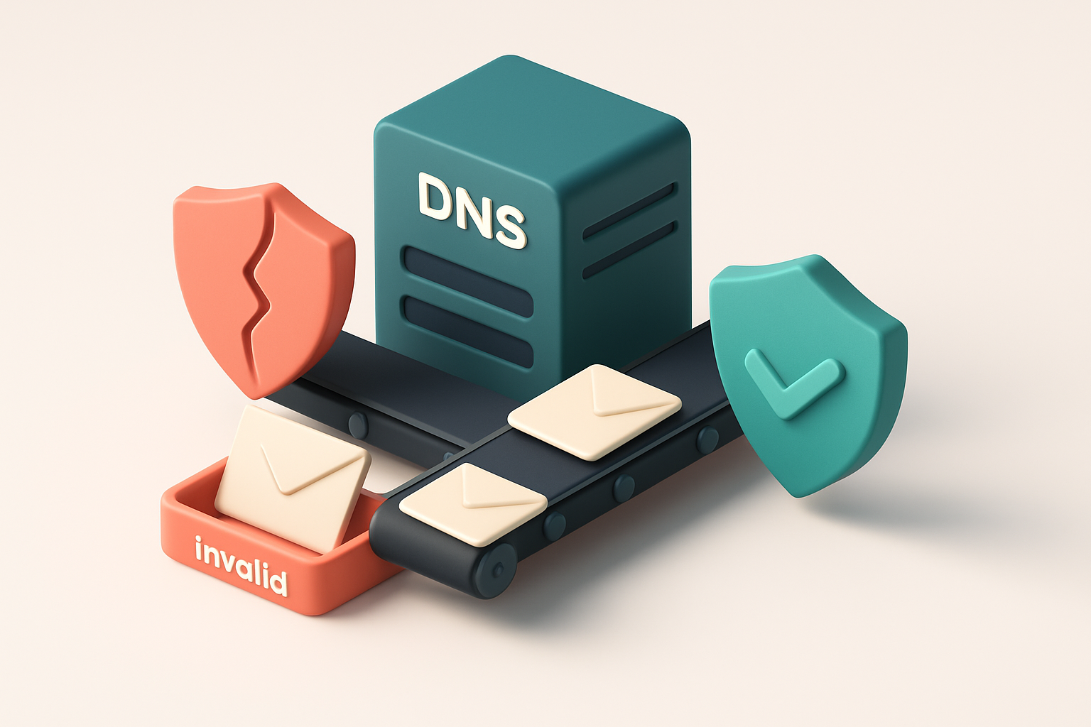 An isometric view of a DNS server rack with a red 'broken' shield labeled 'SPF' on one side, a green 'valid' shield labe