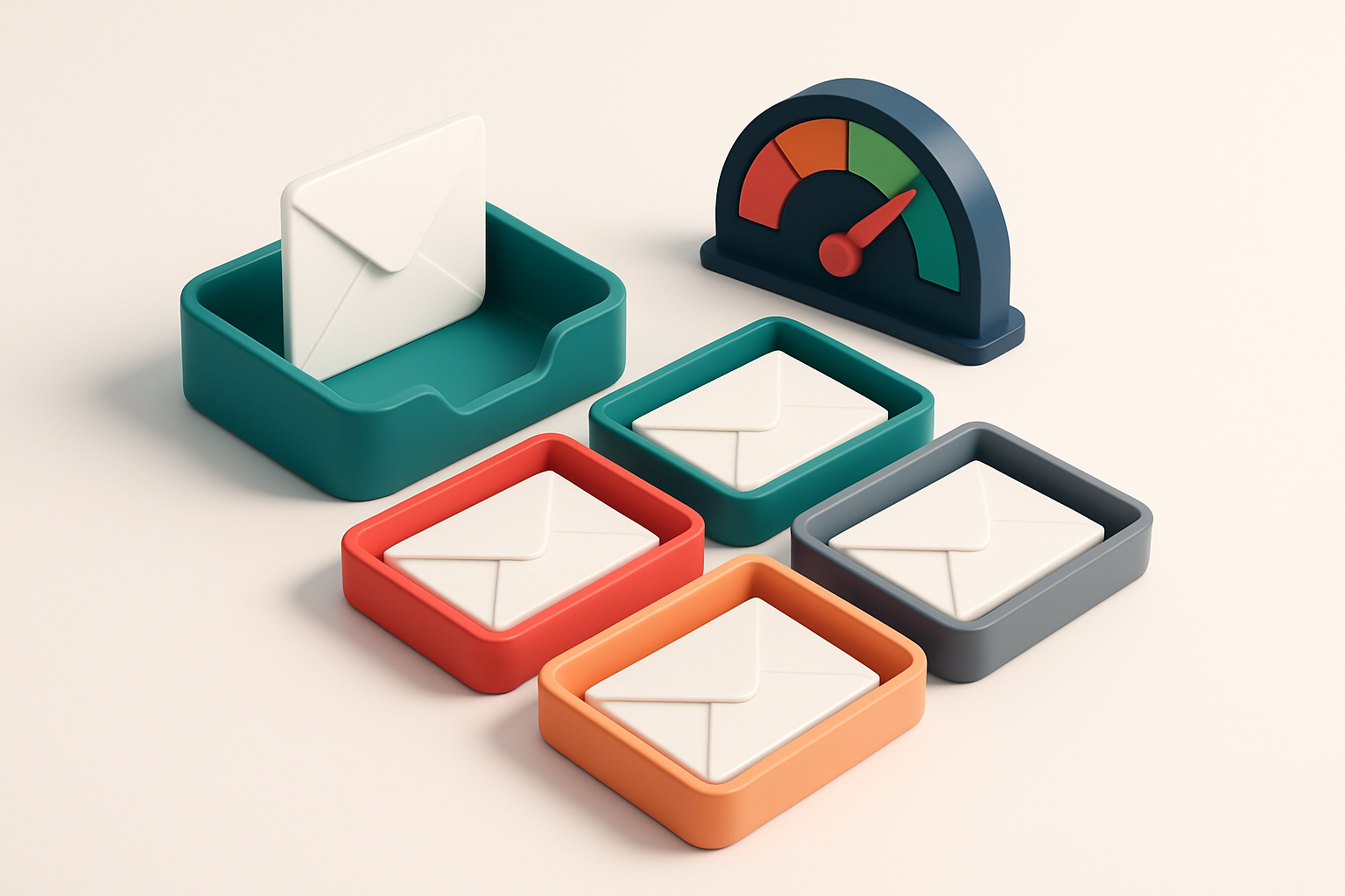 An isometric inbox with envelopes sorting onto green 'valid' trays, red 'invalid' trays, orange 'risky' trays, and grey