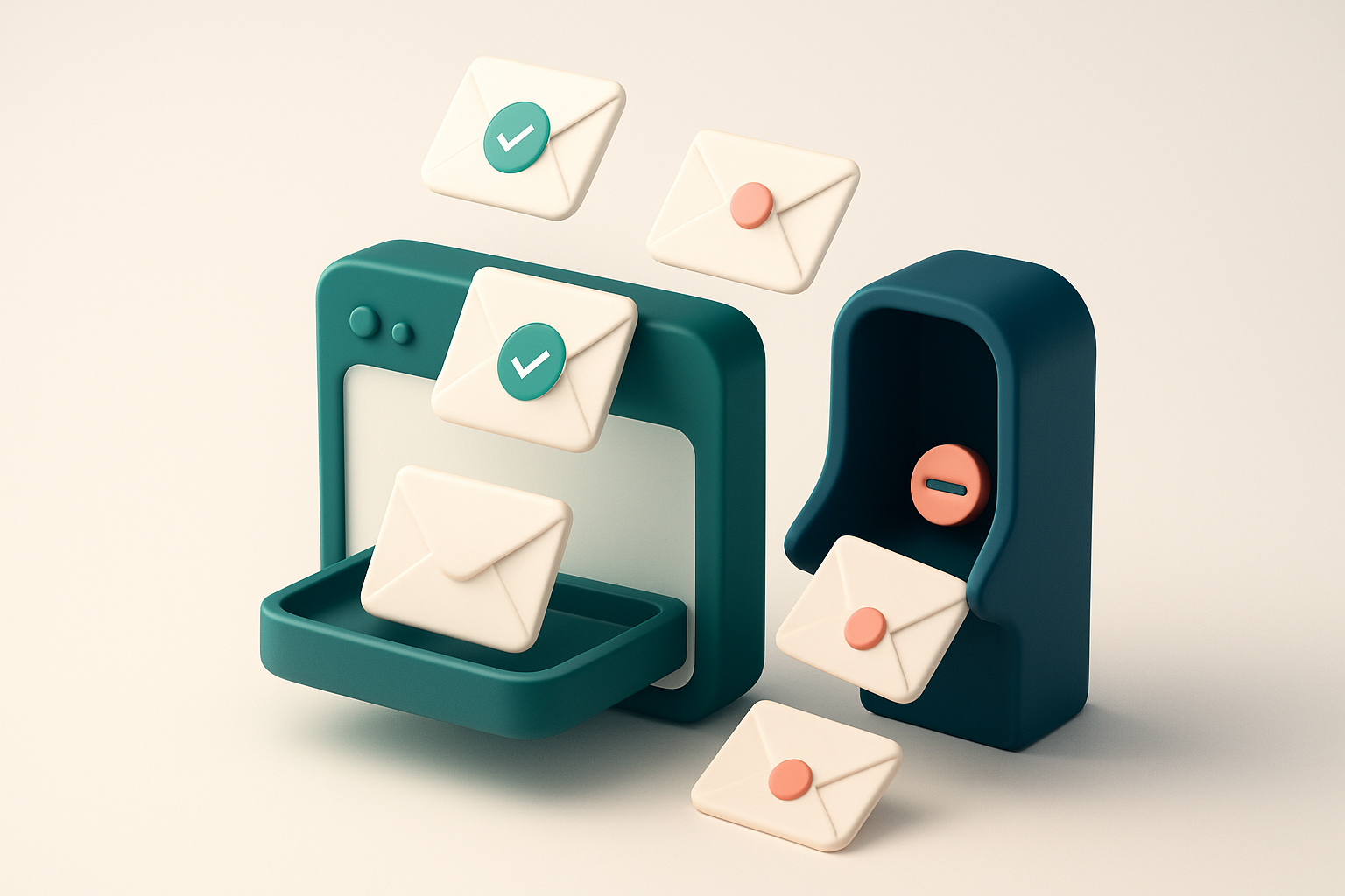 an isometric view of a modern email inbox with envelopes flying in from the top, each carrying a brand logo; those that