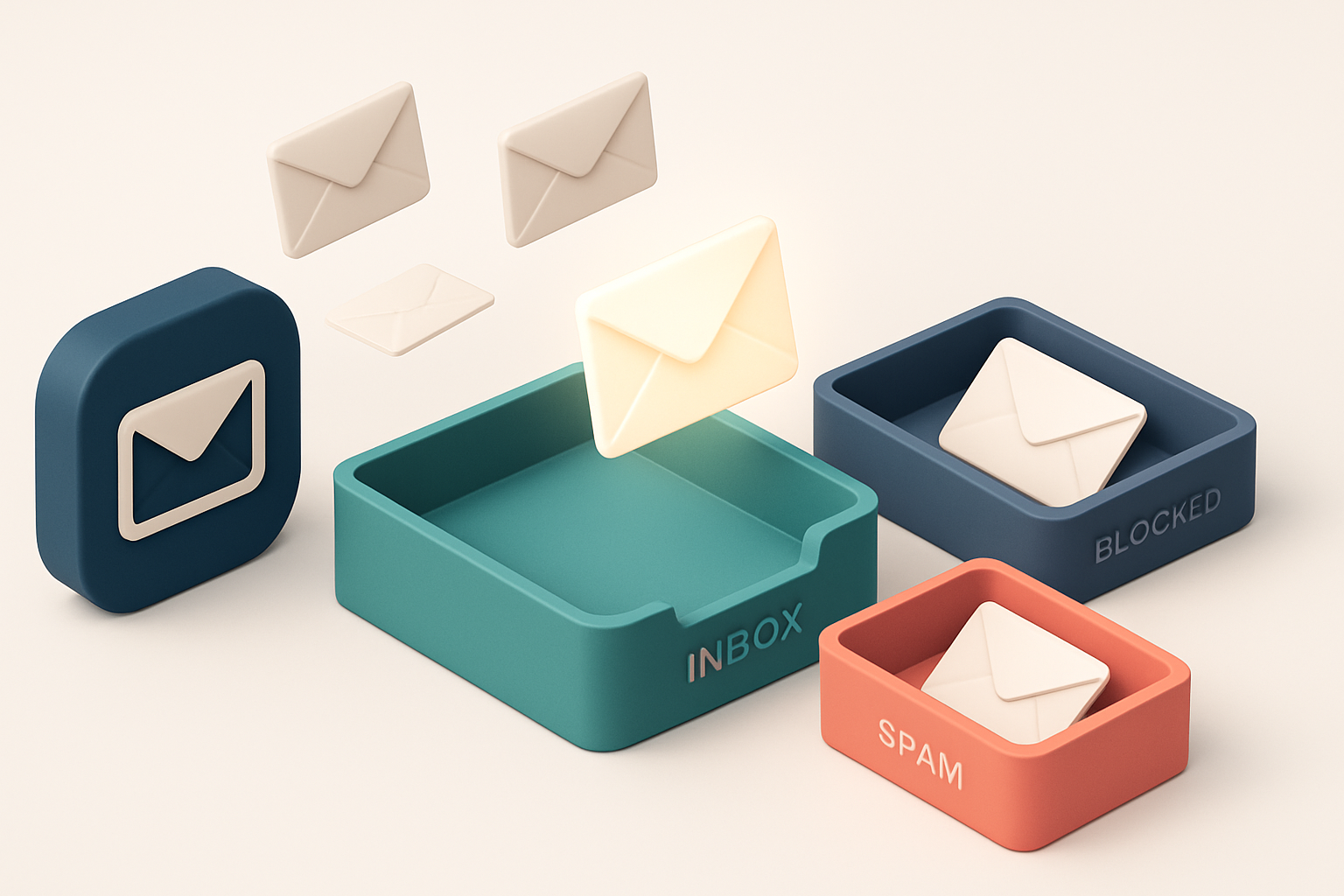 An isometric email inbox with envelopes being sorted into a green 'inbox' tray, a red 'spam' tray, and a gray 'blocked'