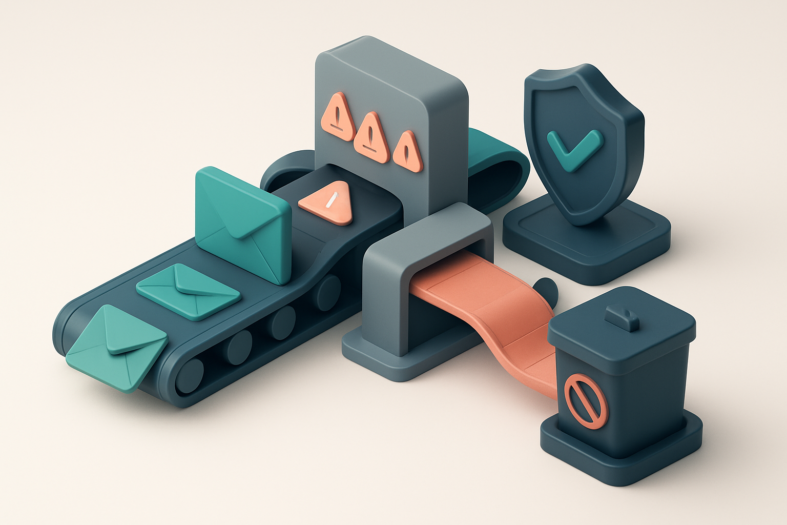 Hero: an isometric email server with a green 'valid' envelope conveyor belt feeding into a shielded inbox labeled 'Inbox