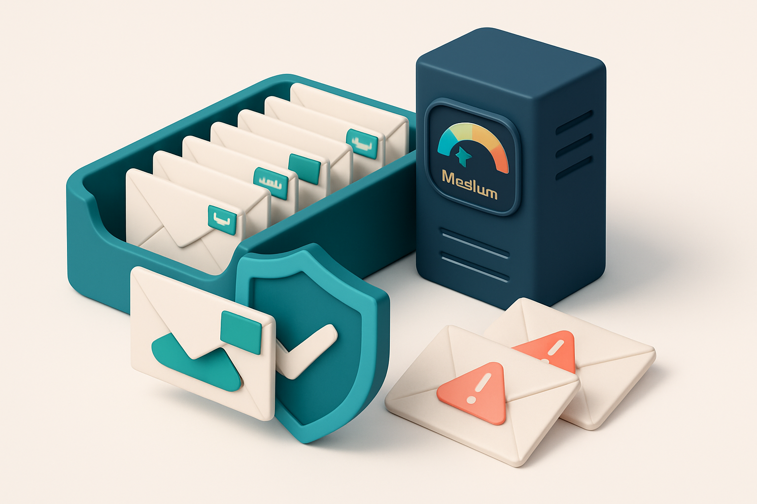 A 3D isometric illustration of a large email inbox filled with envelopes, with green 'Valid' labels on envelopes passing