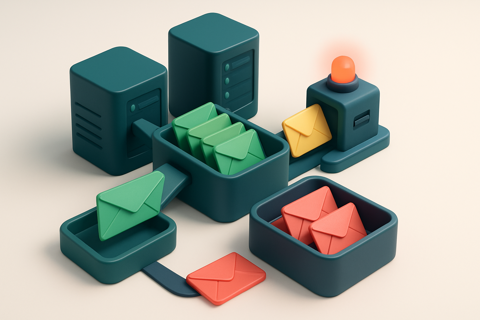 An isometric email server farm with a central inbox hub, where green envelopes labeled 'Valid' flow into the green 'Inbo