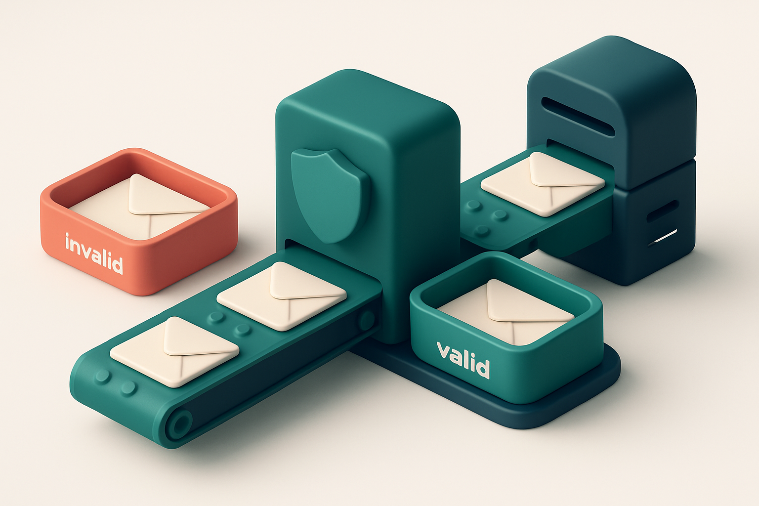 An isometric email sender with a conveyor belt of envelopes moving from a red 'invalid' tray to a green 'valid' tray, pa