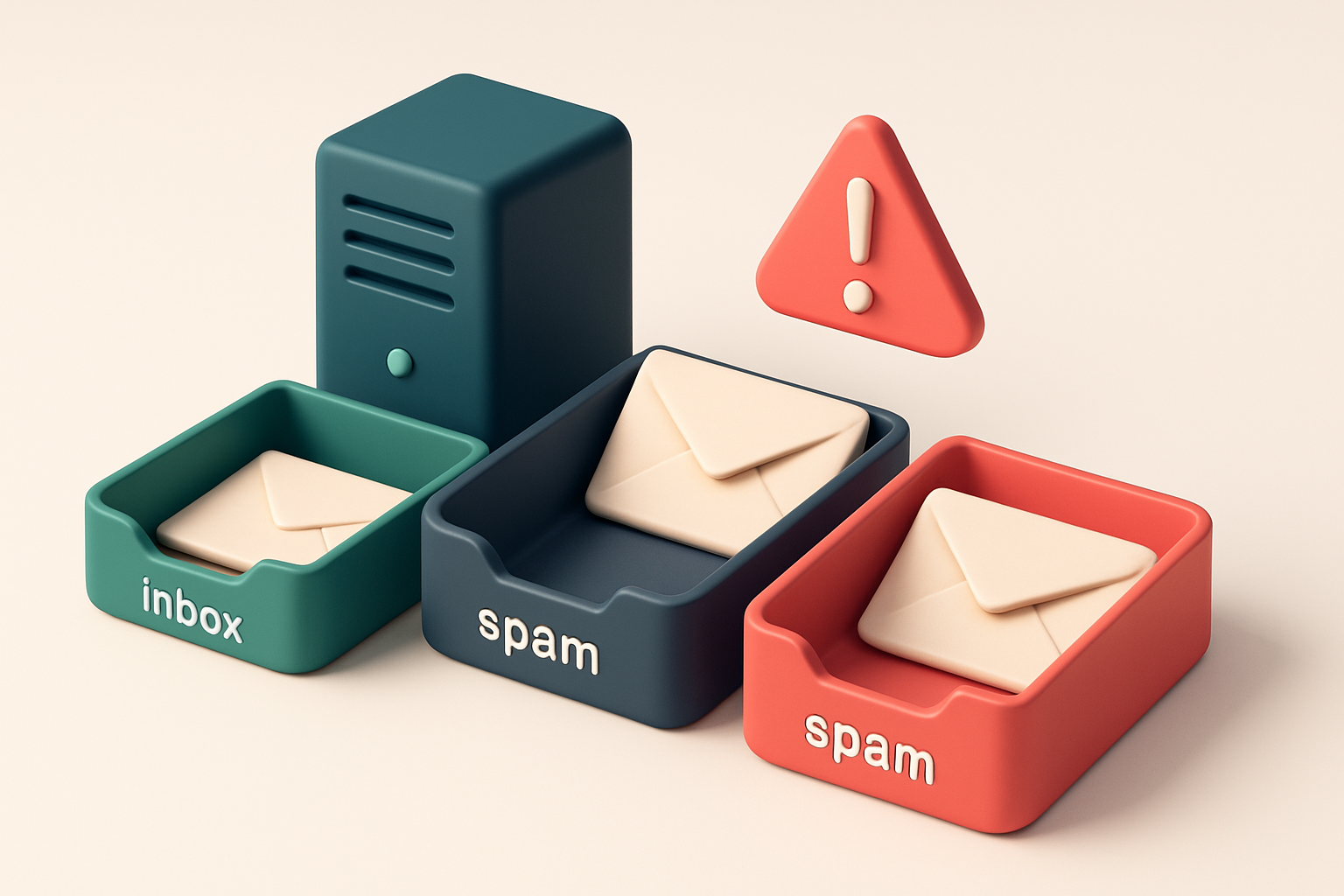 An isometric inbox with envelopes being sorted into three trays: a green 'inbox' tray, a red 'spam' tray, and a gray 'un