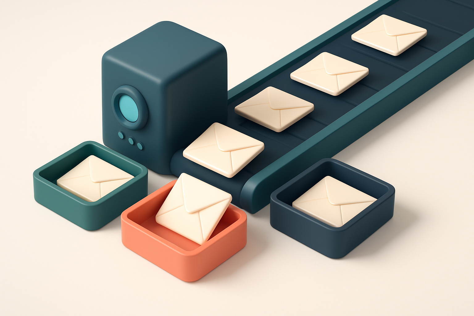 An isometric email inbox with envelopes streaming down a conveyor belt, each labeled with a different outcome: some bein