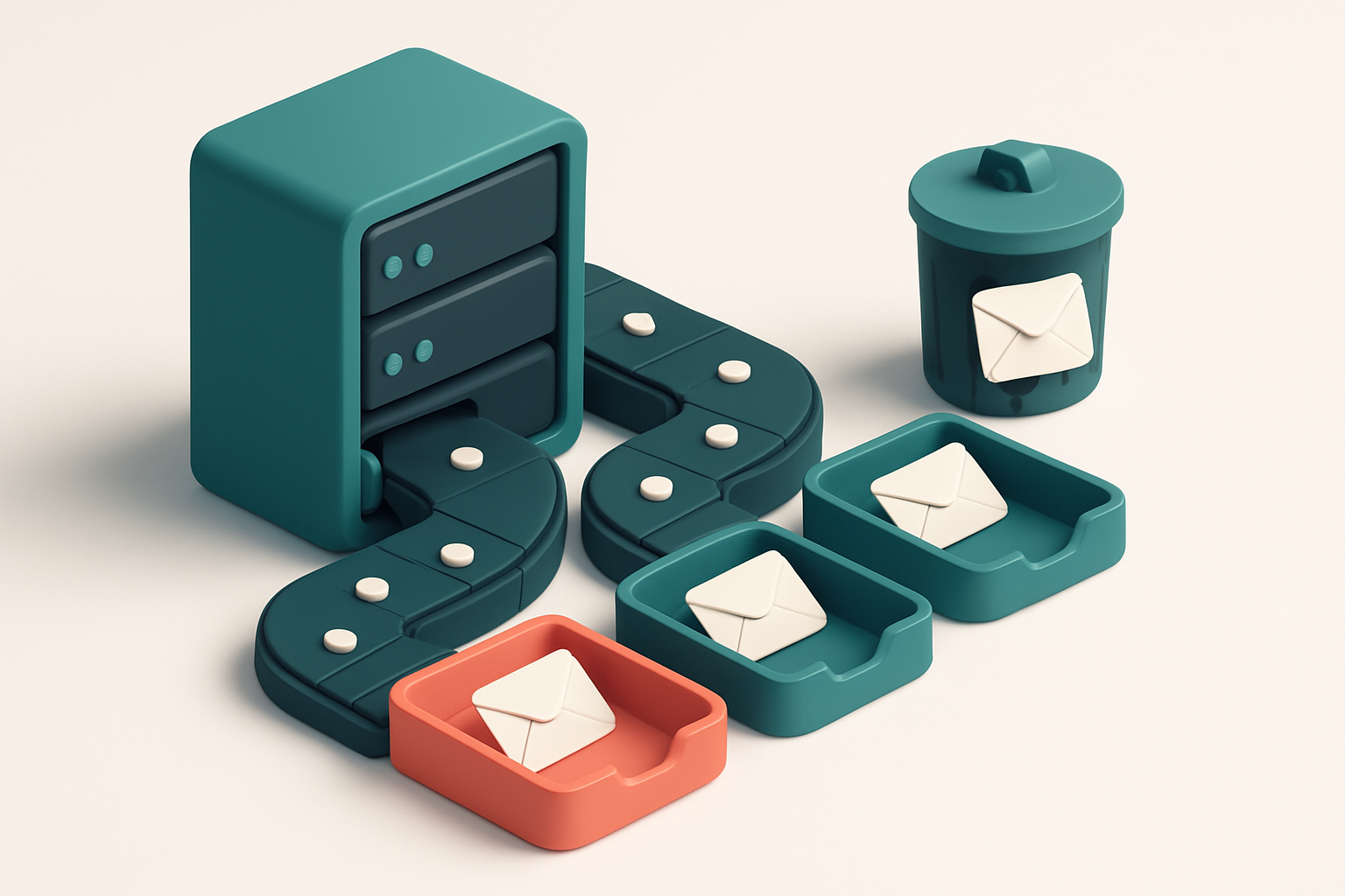 An isometric email server room with conveyor belts moving envelopes labeled 'valid', 'risky', 'invalid', and 'disposable