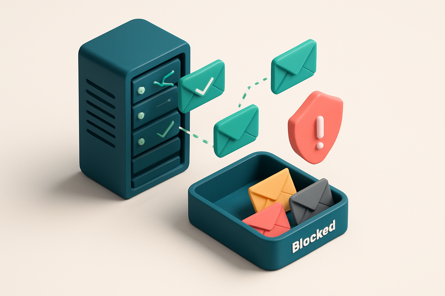 An isometric desk scene: a server rack with glowing green 'valid' mail icons flying into an inbox labeled 'Inbox'. Red '