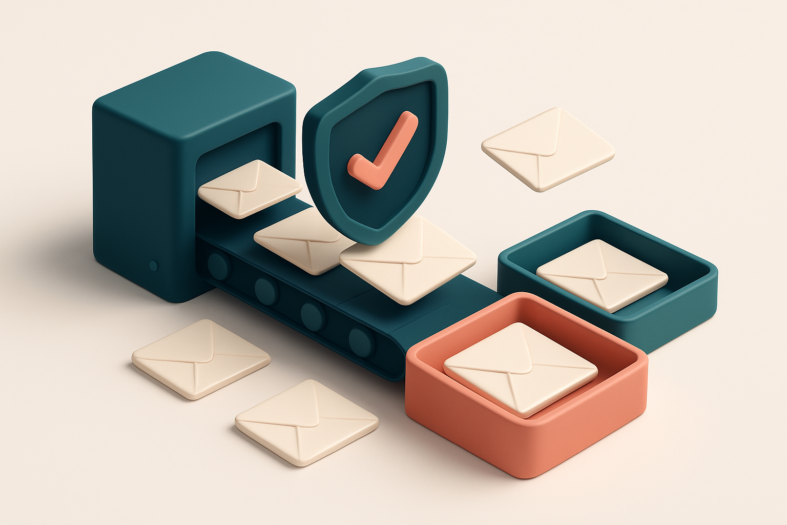 An isometric illustration of a 3D email inbox with envelopes being scanned by a digital shield, some landing on a green