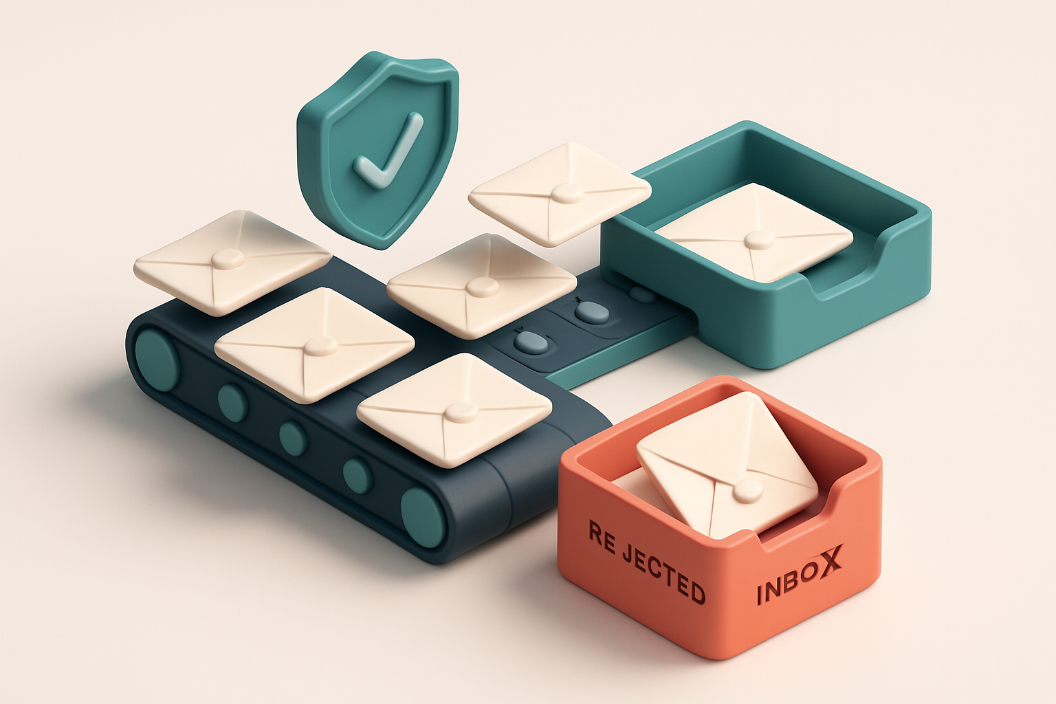 An isometric illustration of a conveyor belt transporting email envelopes labeled with 'invalid', 'catch-all', and 'role