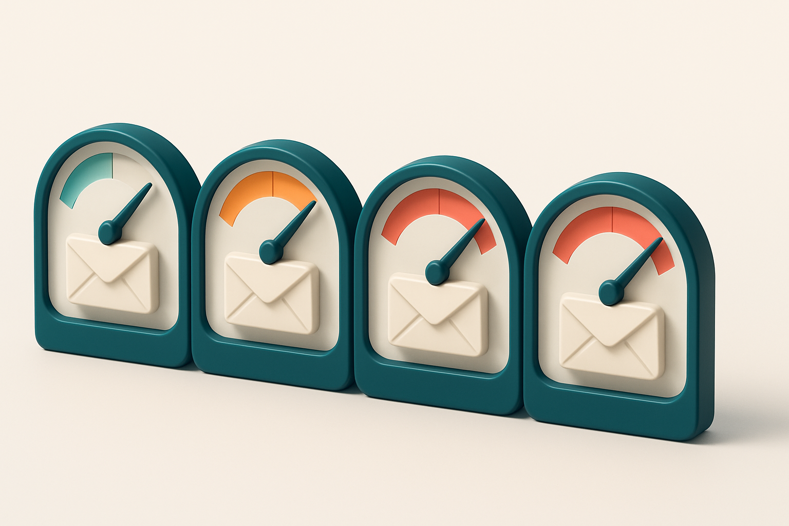 a row of four gauges showing inbox delivery status (green, yellow, red, red)