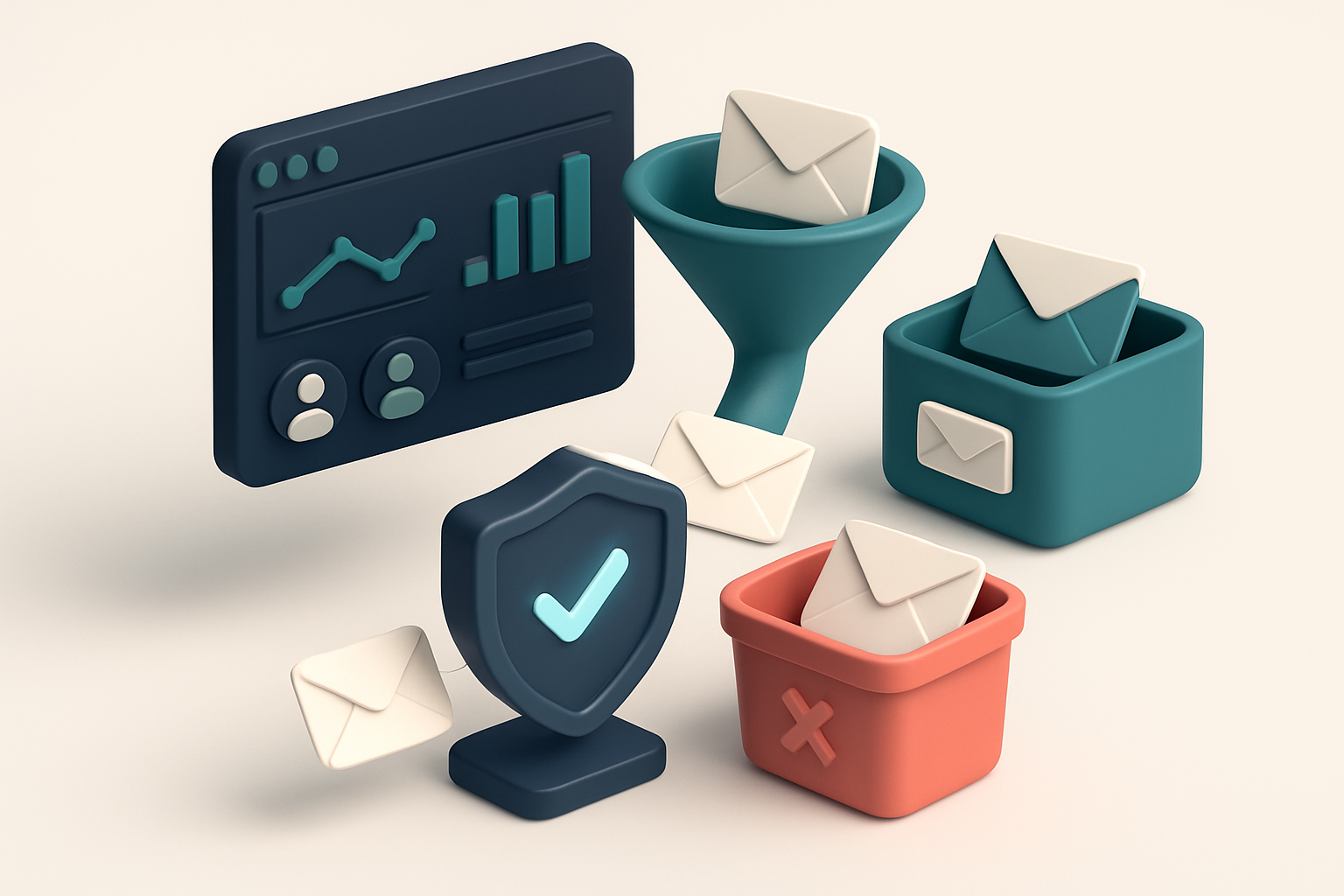 an isometric illustration of a Zoho CRM dashboard with a funnel pouring leads into an email validation gateway, where ea