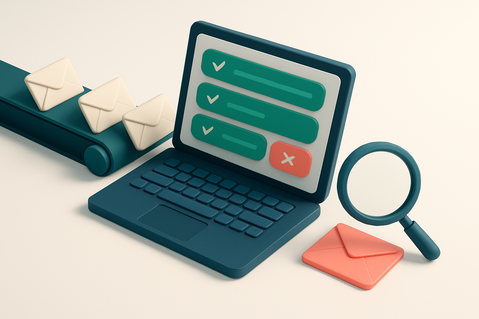 An isometric desktop scene: a laptop displaying a dashboard with green 'valid' results and red 'invalid', a conveyor bel
