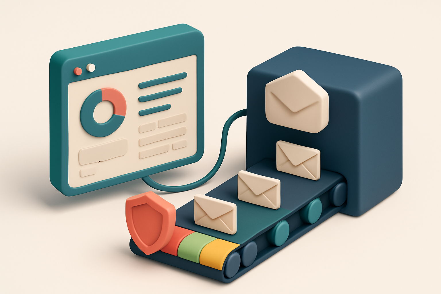 An isometric scene of a Freshsales CRM dashboard connected via wire to a MailTester verification engine where envelopes