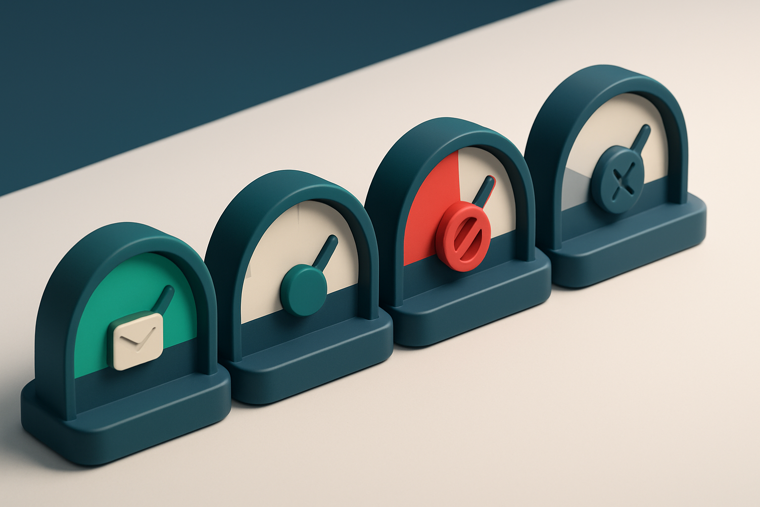 a row of four gauges, each showing different deliverability status: green (inbox), yellow (spam), red (blocked), gray (i