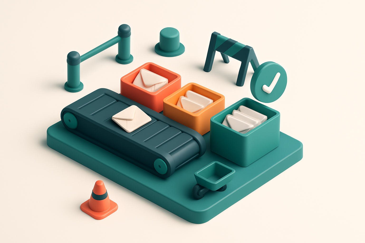 Hero: an isometric construction site dashboard with a central conveyor belt sorting email envelopes into three piles—red