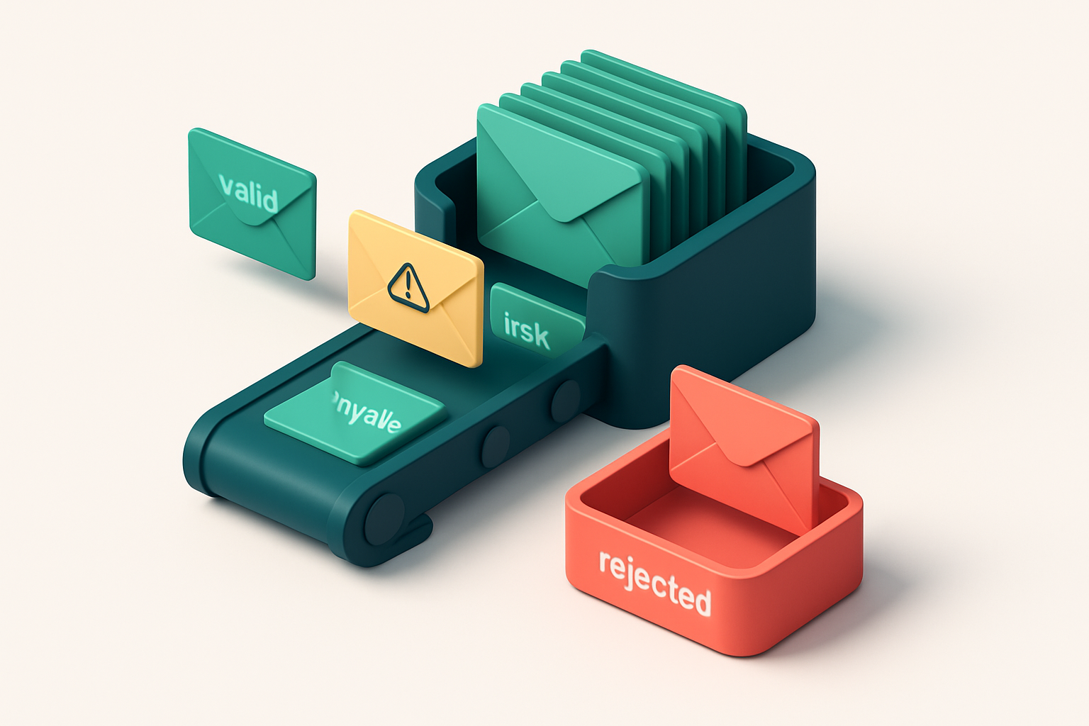 an isometric inbox with envelopes labeled 'valid', 'risky', and 'invalid' being processed by a conveyor system — green e