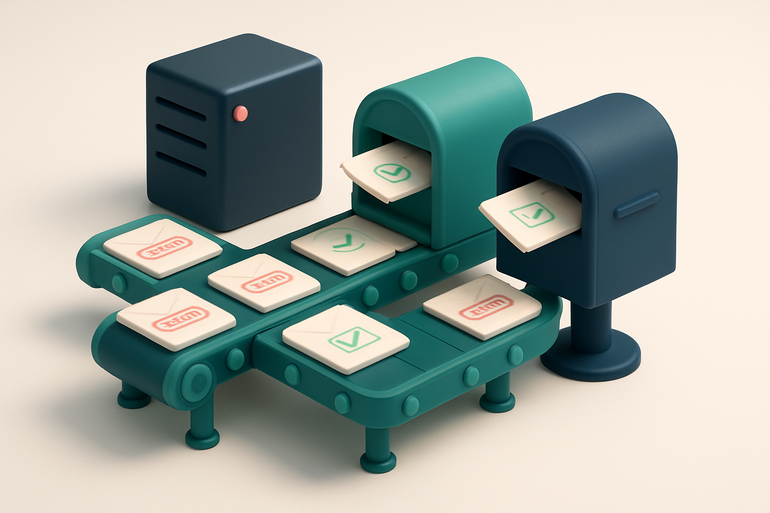 An isometric factory floor with a conveyor belt carrying labeled envelopes — some with red 'invalid' stamps, others gree