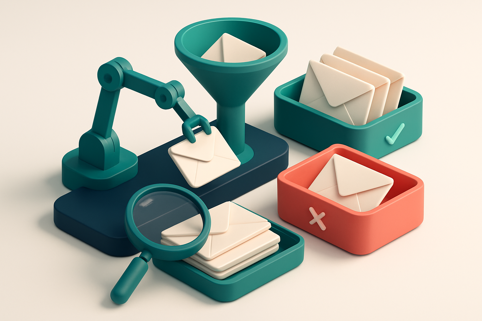 An isometric email inbox with envelopes being sorted onto a green 'valid' tray and a red 'invalid' tray, a magnifying gl