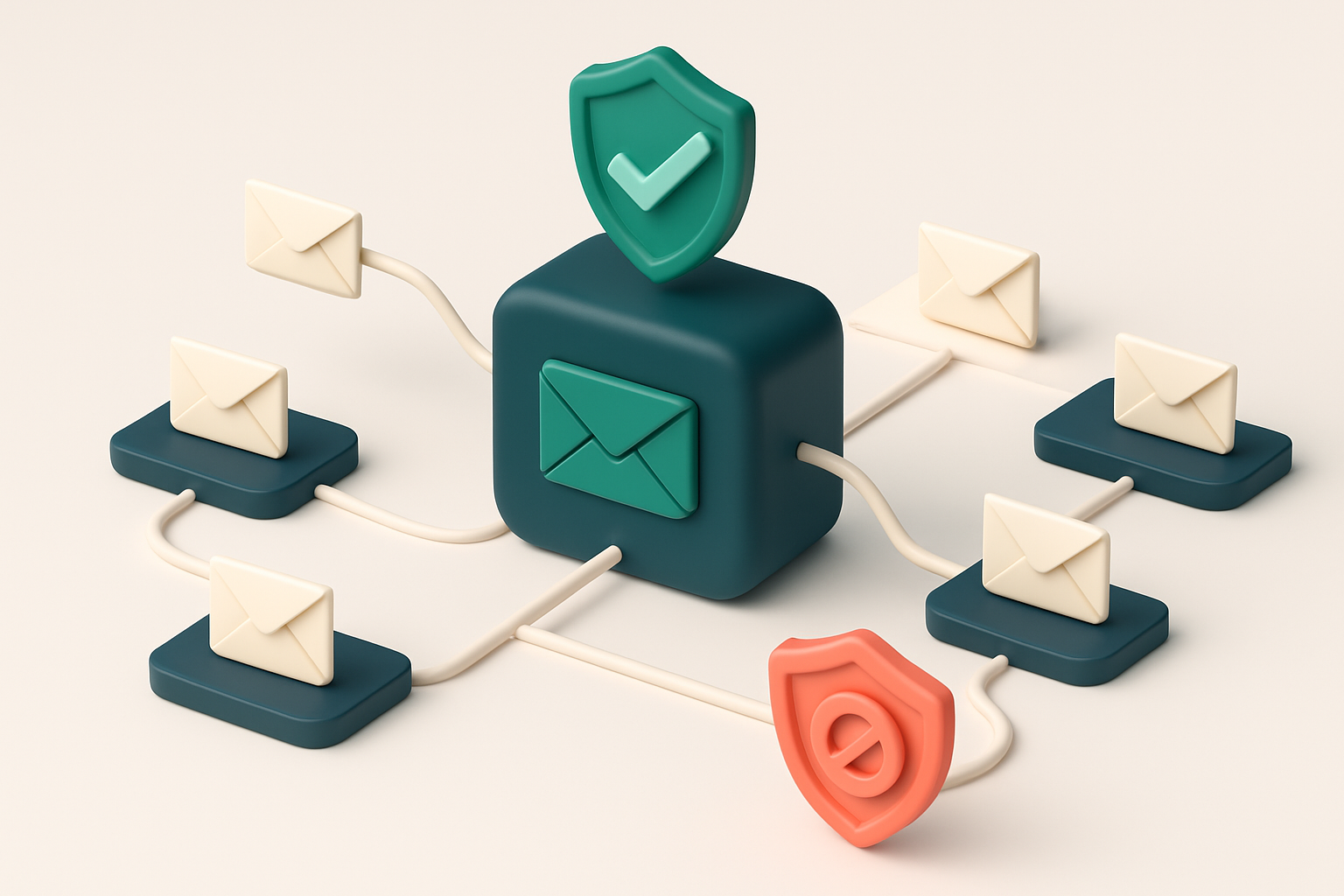 an isometric email sender with a green 'delivered' shield above, a red 'blocked' shield below, and a network of routed e