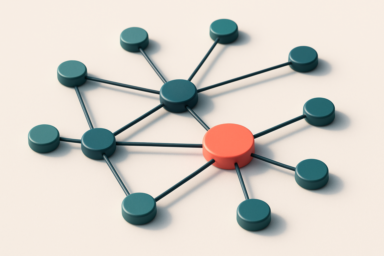a network of small circular nodes connected by lines, with one node highlighted in red