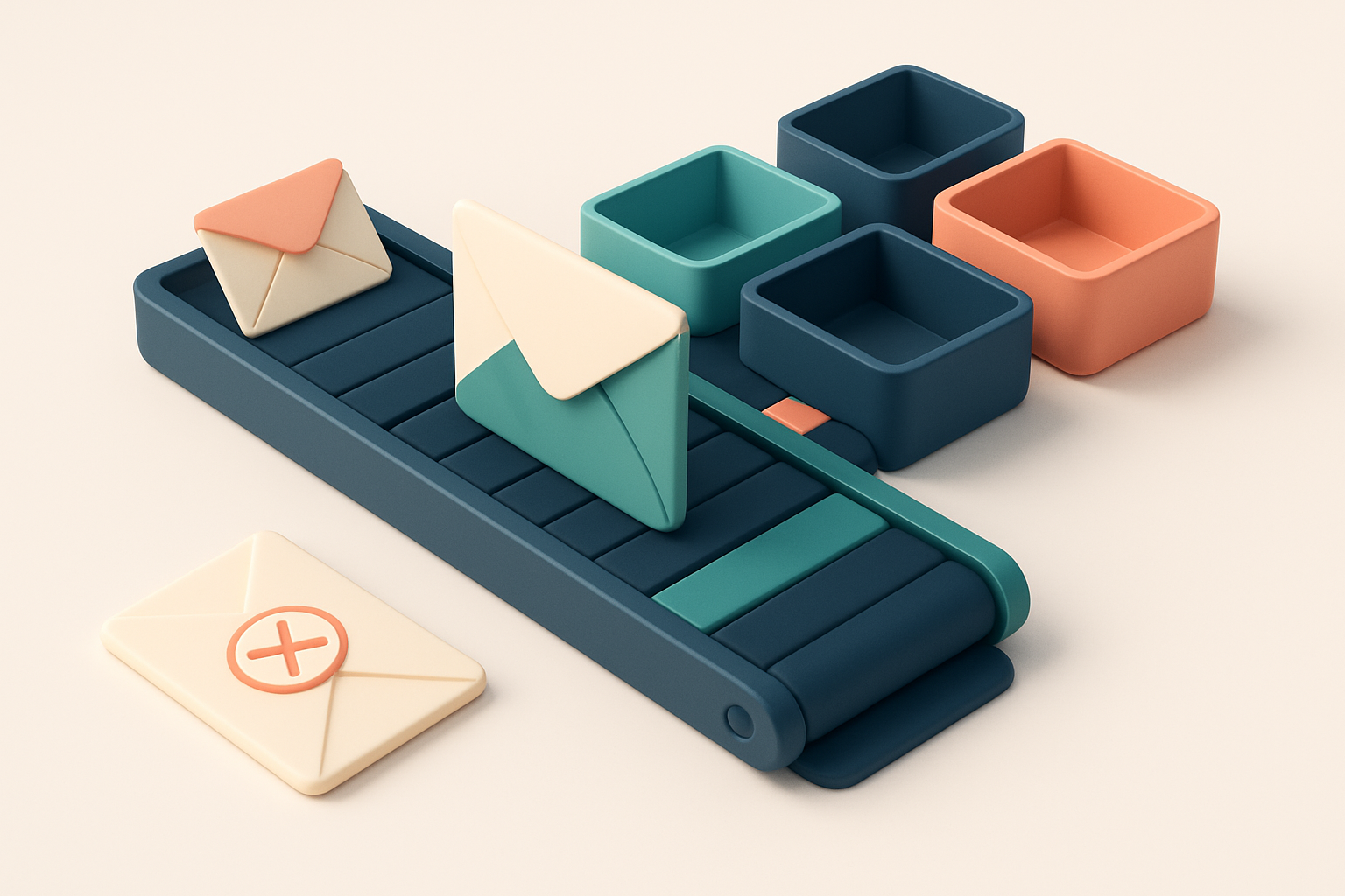 An isometric email inbox with envelopes labeled 'Valid', 'Risky', 'Catch-All', and 'Invalid' being sorted by color-coded