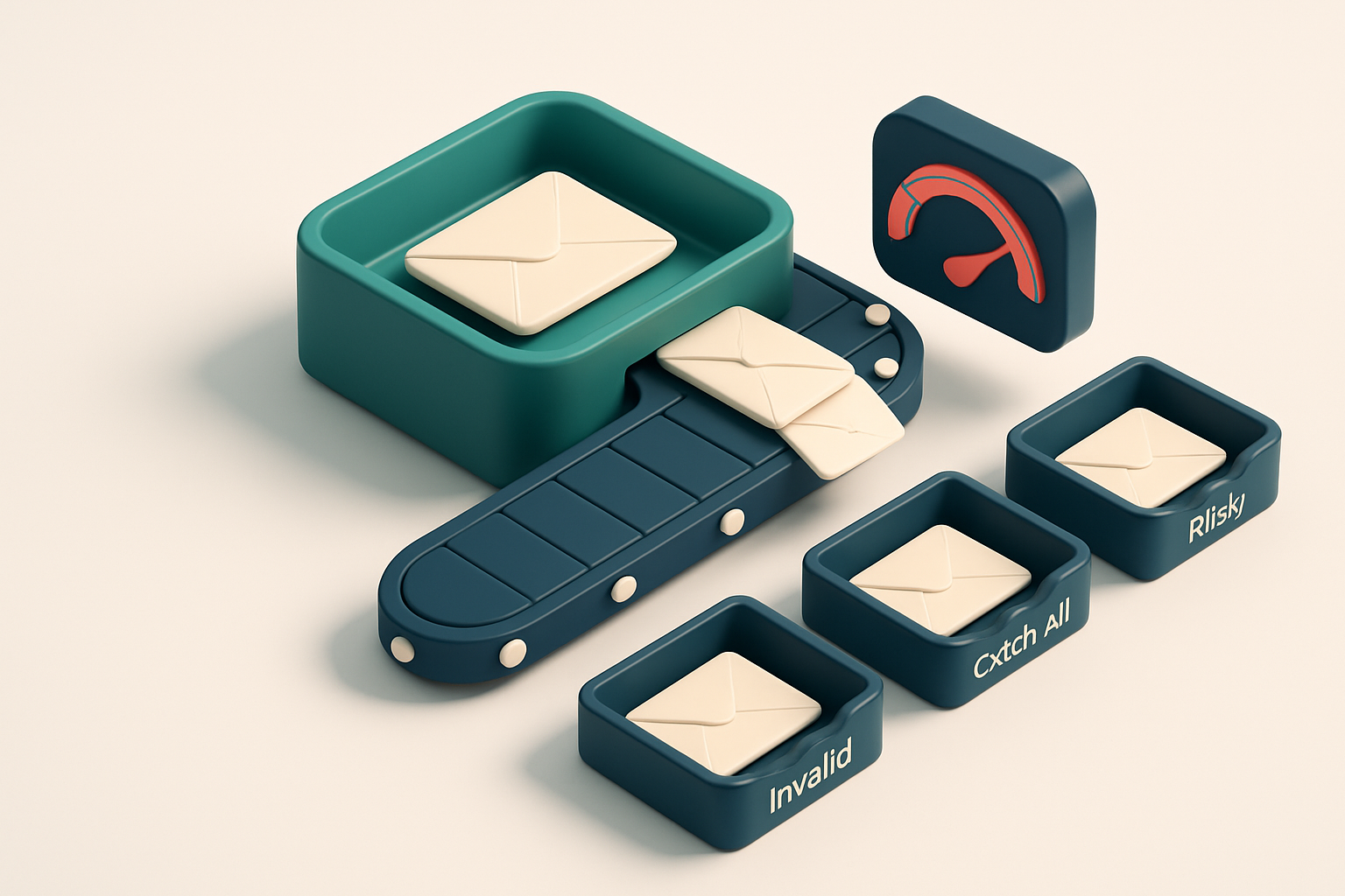 An isometric inbox with envelopes labeled 'Valid', 'Invalid', 'Catch-All', and 'Risky' being sorted by a rotating convey