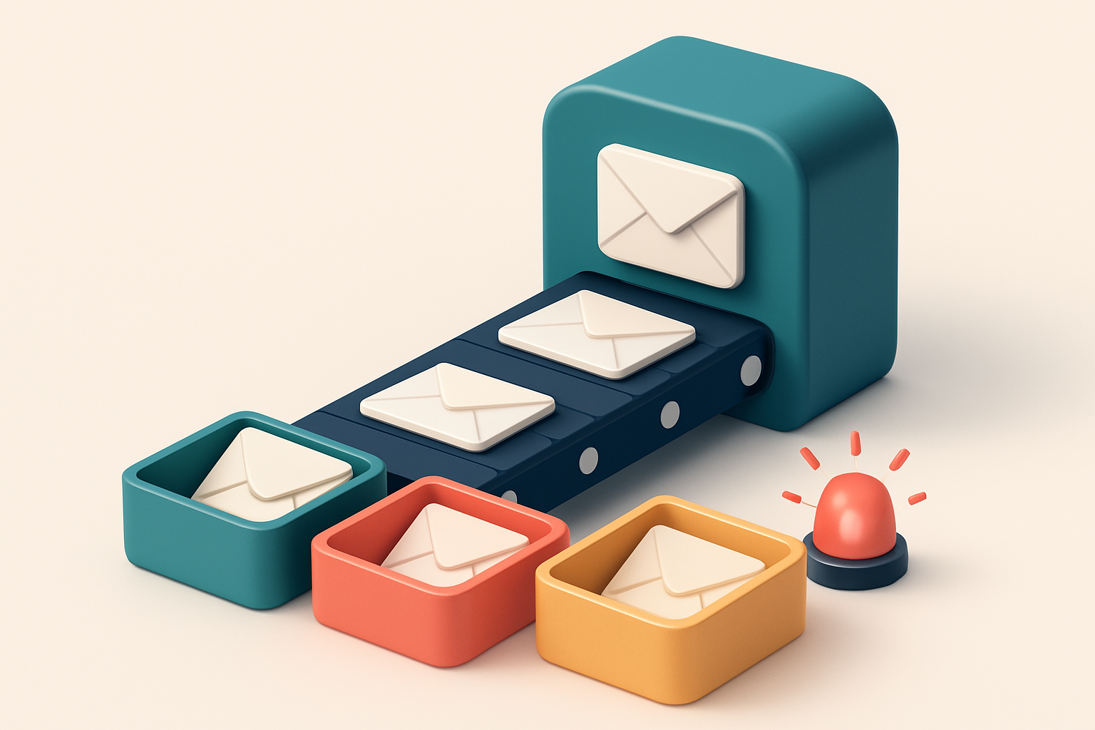 An isometric email inbox with a conveyor belt of envelopes sorted into three trays: green for 'delivers to inbox', red f