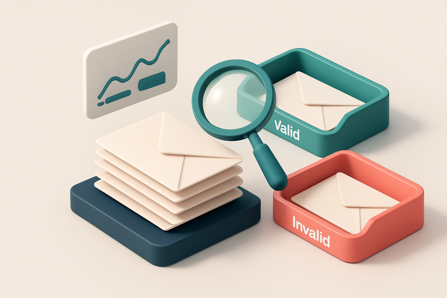 An isometric email inbox with envelopes being sorted onto a green 'valid' tray and a red 'invalid' tray, a magnifying gl