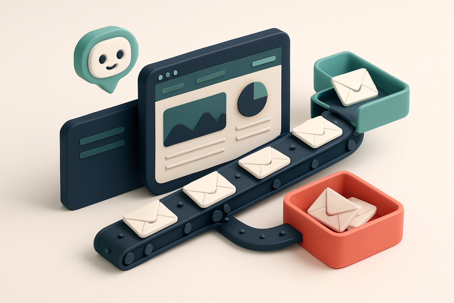An isometric illustration of a WooCommerce dashboard with multiple email addresses flowing along a conveyor belt. Valid