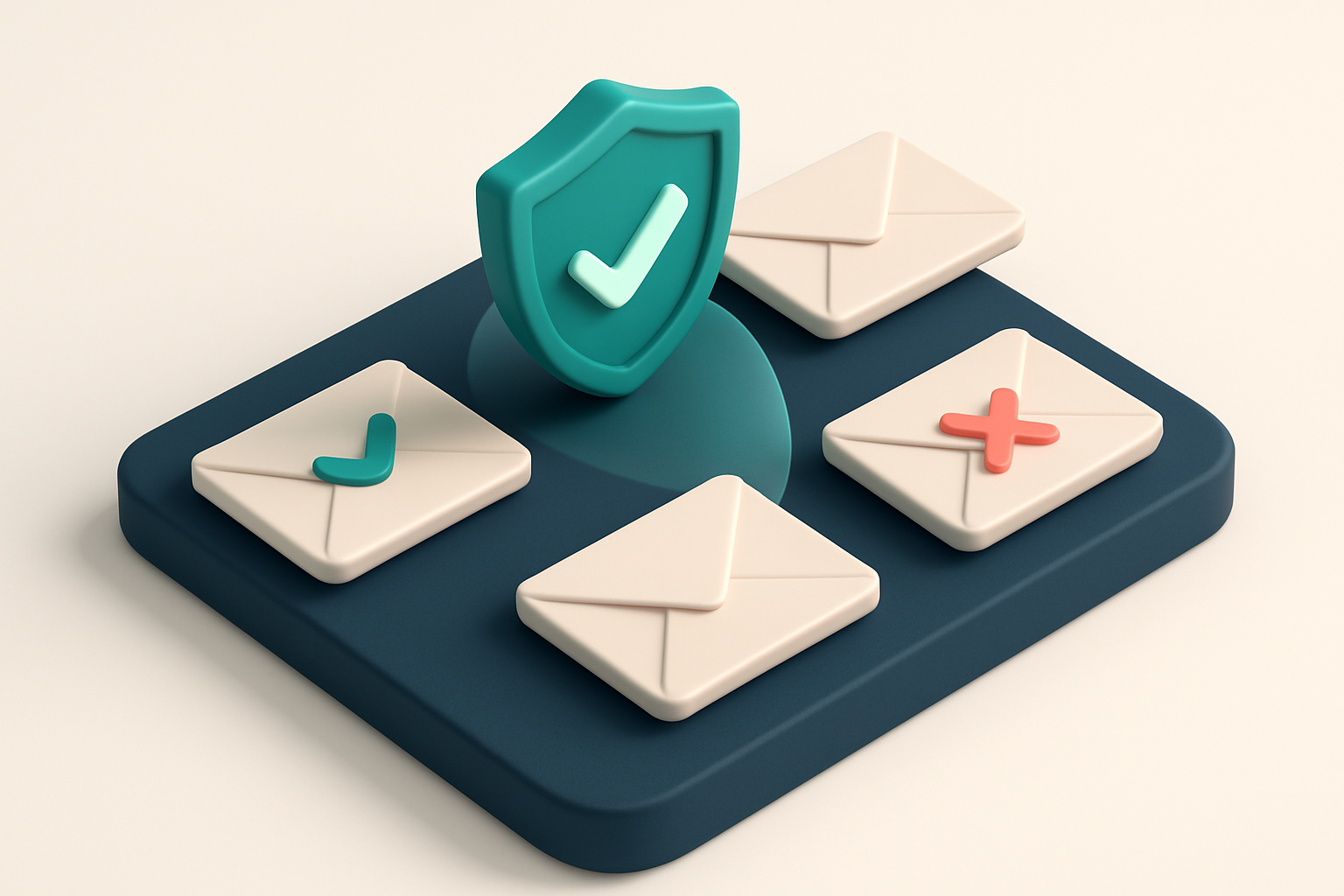 an isometric email inbox with multiple envelopes being scanned by a digital shield, one envelope marked 'delivered', ano