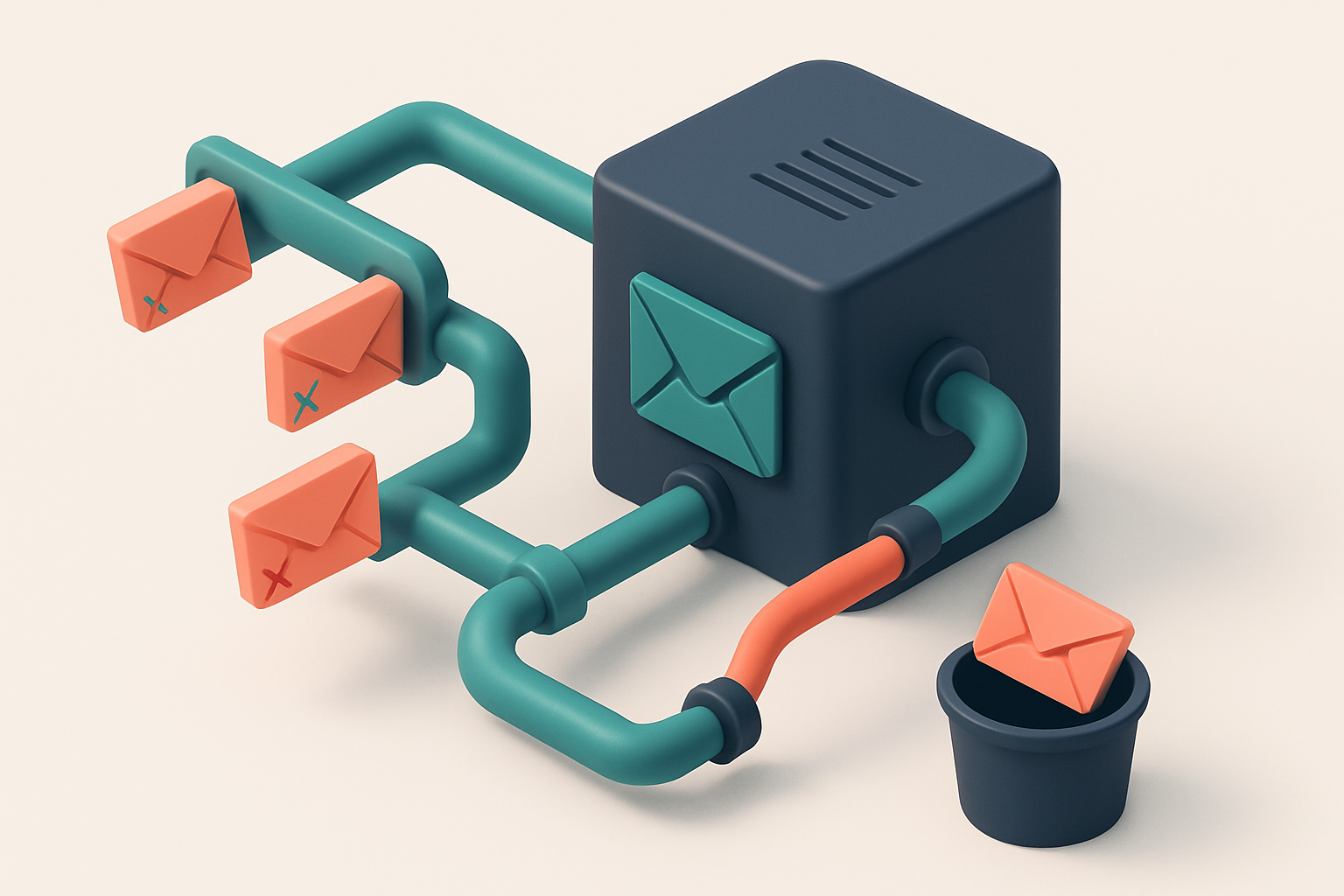 Hero: an isometric view of a digital mail server with multiple MX records flowing into it like water through a network o