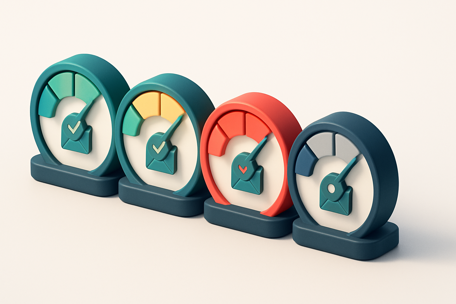 a row of four gauges, each showing a different level of email validation health (green, yellow, red, gray)