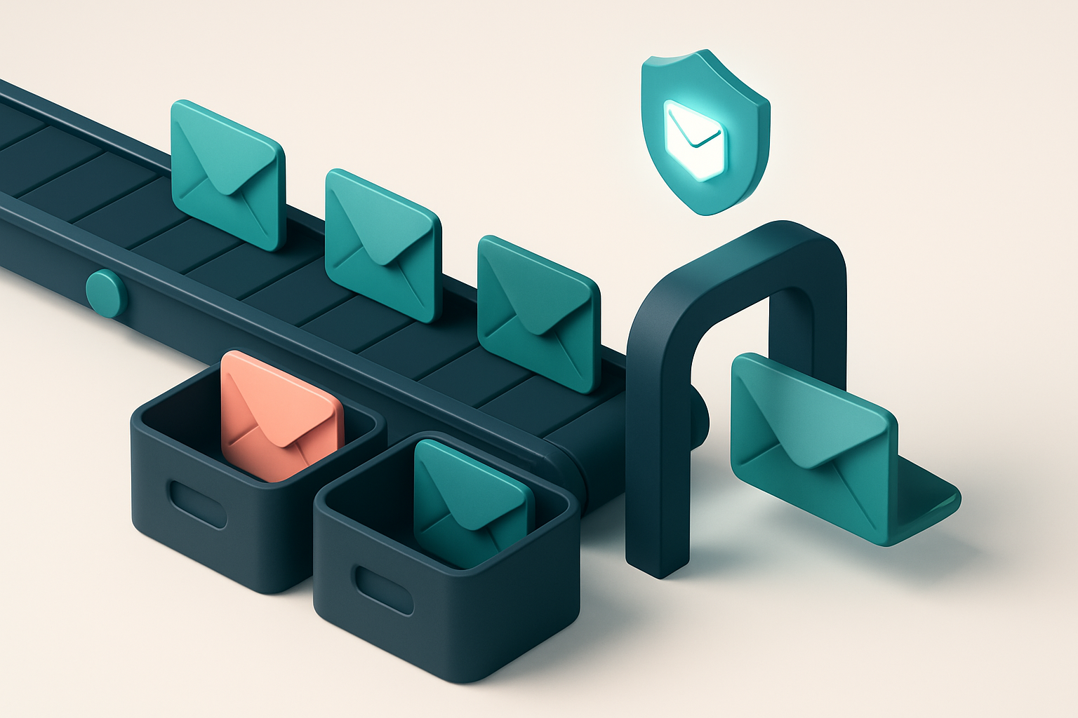 An isometric view of a digital data pipeline: a conveyor belt feeds envelopes labeled 'Invalid', 'Catch-All', and 'Risky